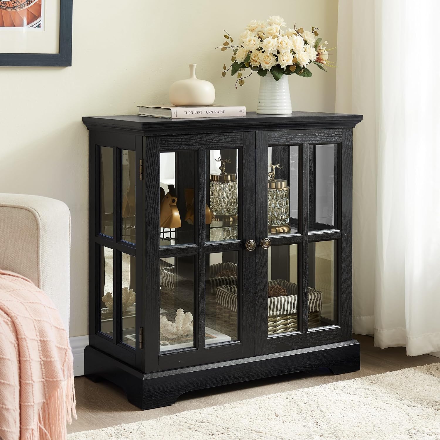 32" H LED Accent Curio Cabinet with 7 Color Lights for Collectibles, Modern Storage Cabinet with Tempered Glass Doors, (Black)