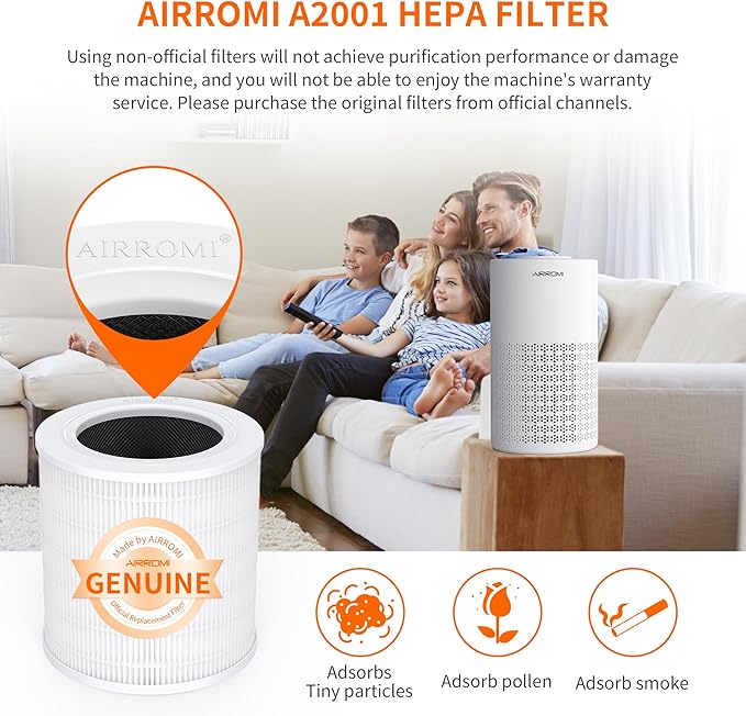 AIRROMI A2001 HEPA Air Purifier Replacement Filter, 3-In-1 Original Filter, Remove 99.97% of 0.3 Micron Particle 1 Pack White Activated Carbon