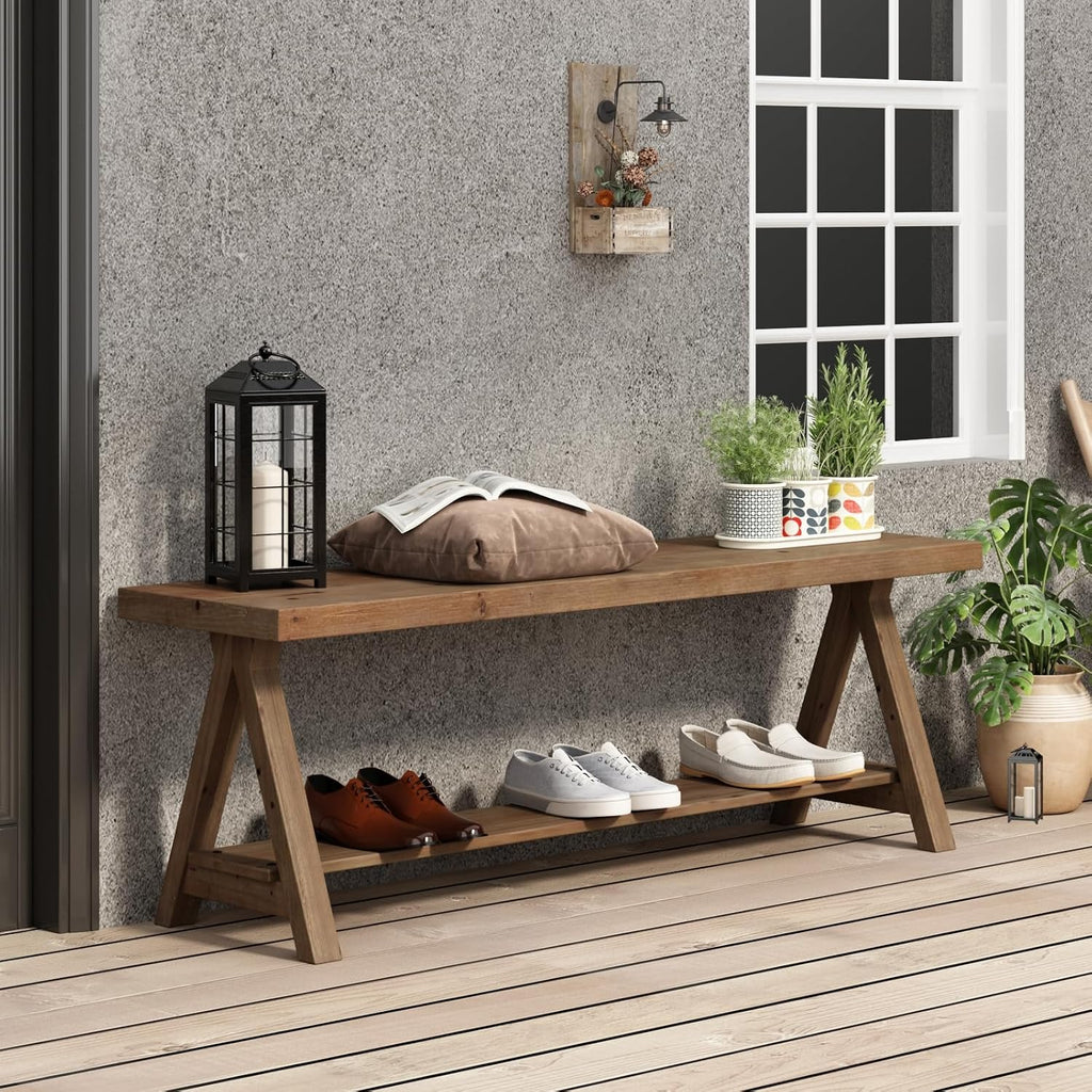 RowyPoey 51" Solid Wood Bench, Long Farmhouse Entryway Bench with Storage Shelf, Triangular Leg Design, Narrow Rustic Benches for Hallway, Bedroom, Dining, Kitchen
