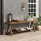 RowyPoey 51" Solid Wood Bench, Long Farmhouse Entryway Bench with Storage Shelf, Triangular Leg Design, Narrow Rustic Benches for Hallway, Bedroom, Dining, Kitchen