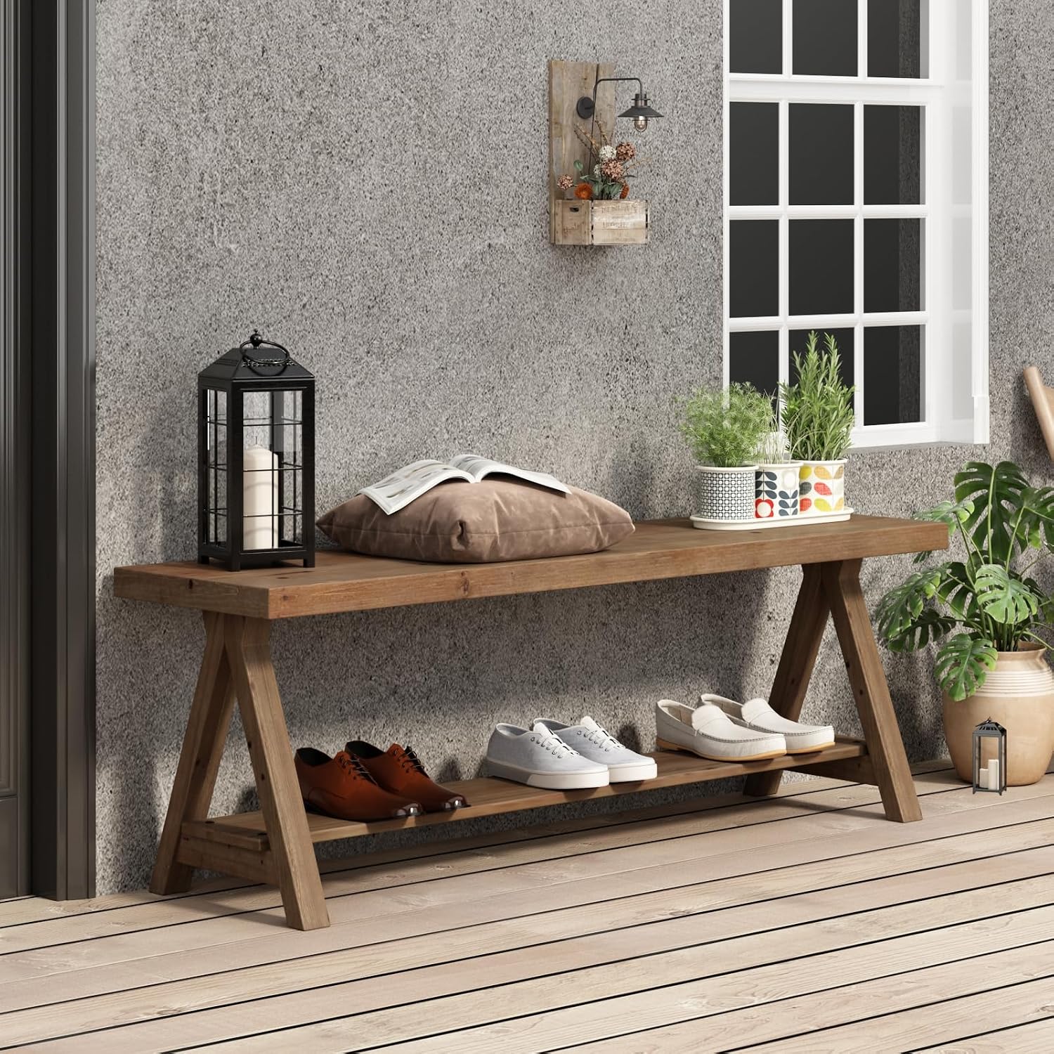 RowyPoey 51" Solid Wood Bench, Long Farmhouse Entryway Bench with Storage Shelf, Triangular Leg Design, Narrow Rustic Benches for Hallway, Bedroom, Dining, Kitchen