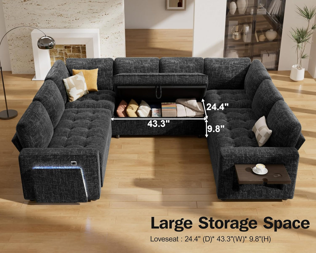 Vipbear 8 Seat U Shaped Modular Sectional Sleeper Sofa with Pull Out Bed/Reclining Backrest/USB Ports/Table/LED Light/Storage Seat, Sectional Sleeper Couch, Tool-Free Assembly, Chenille Black