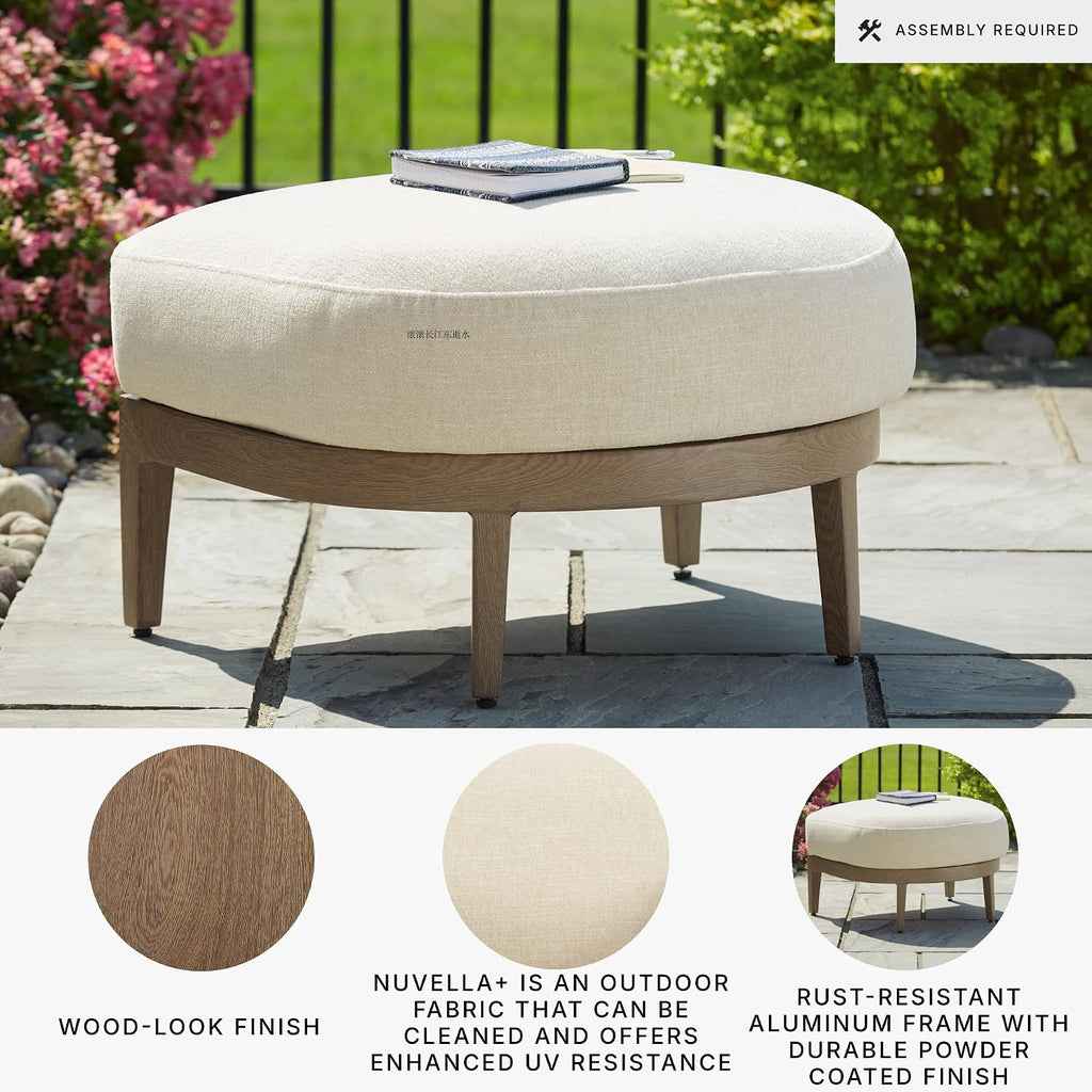Signature Design by Ashley Serene Bay Outdoor Ottoman, Wood-Look Powder Coated Aluminum Frame, Nuvella+ Cushion for Patio, Deck or Poolside Easy-Breezy Living