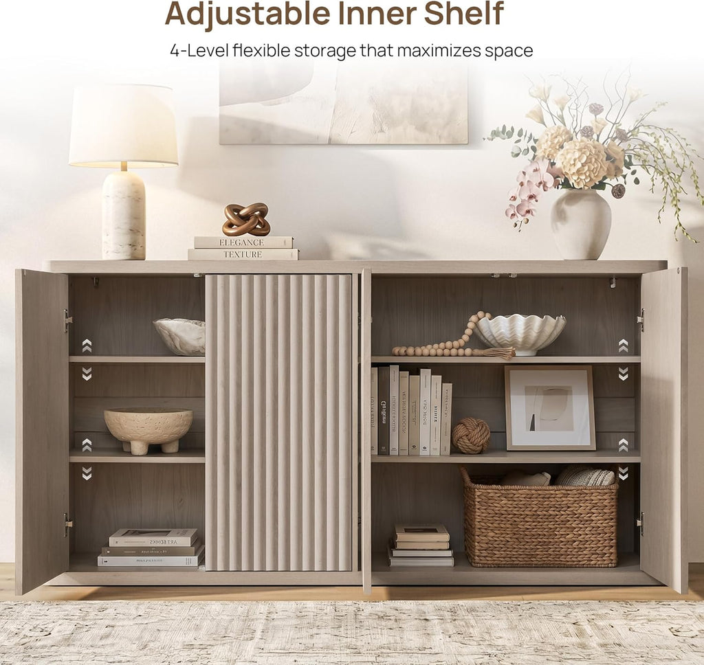 SICOTAS Buffet Cabinet with Storage Accent Sideboard with 4 Doors 66.3" Wide Fluted Credenza Modern Buffet Table Media Console Cabinet Entryway Cabinets for Living Room Kitchen Dining Room Hallway