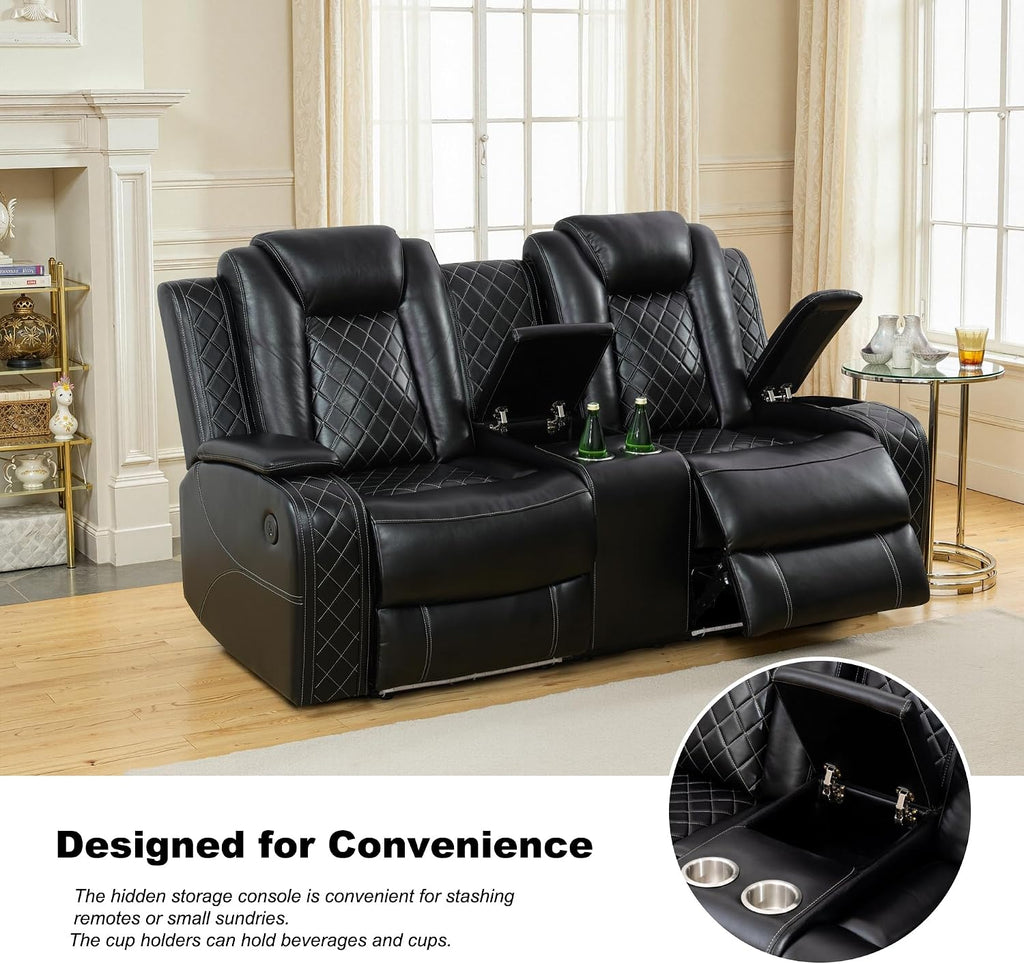 Power Recliner Sofa Set, Breathing Leather Reclining Couch Set, 3 Piece Living Room Furniture Set with LED Lights/Charging Ports/Storage for Home/Office (Black, Sofa+Loveseat+Chair)