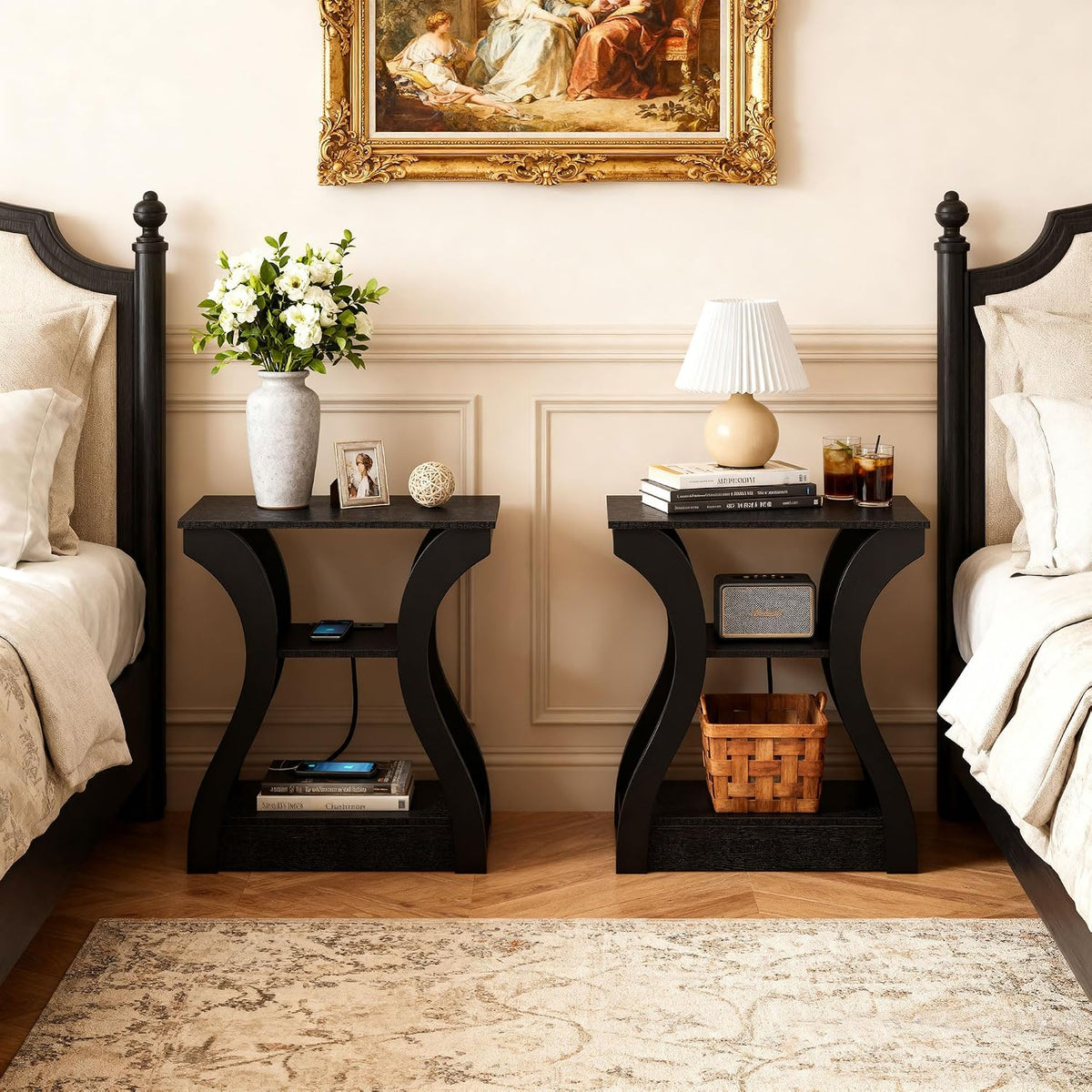 SUPER DEAL End Table Set of 2, Curved Frame Nightstand, Narrow Side Table with Charging Station for Living Room, Bedroom, Small Spaces, 2 USB and 2 Power Outlets, 19.6" W x 11.8" D x 23.4" H, Black