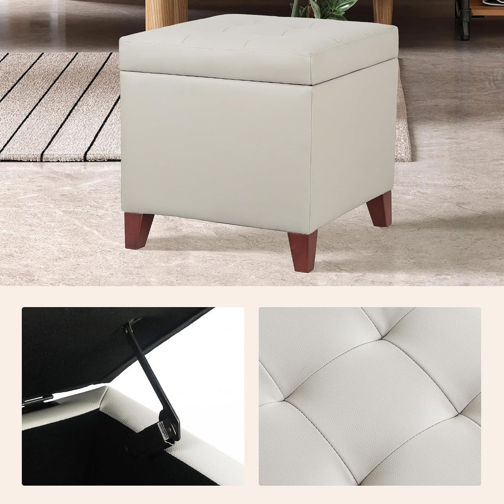 Leather Ottoman with Storage Beige-Grey Square Storage Ottoman | 18" Square Tufted Footstool Cube with Hinged Lid Upholstered Foot Rest Stool for Living Room, Bedroom & Entryway