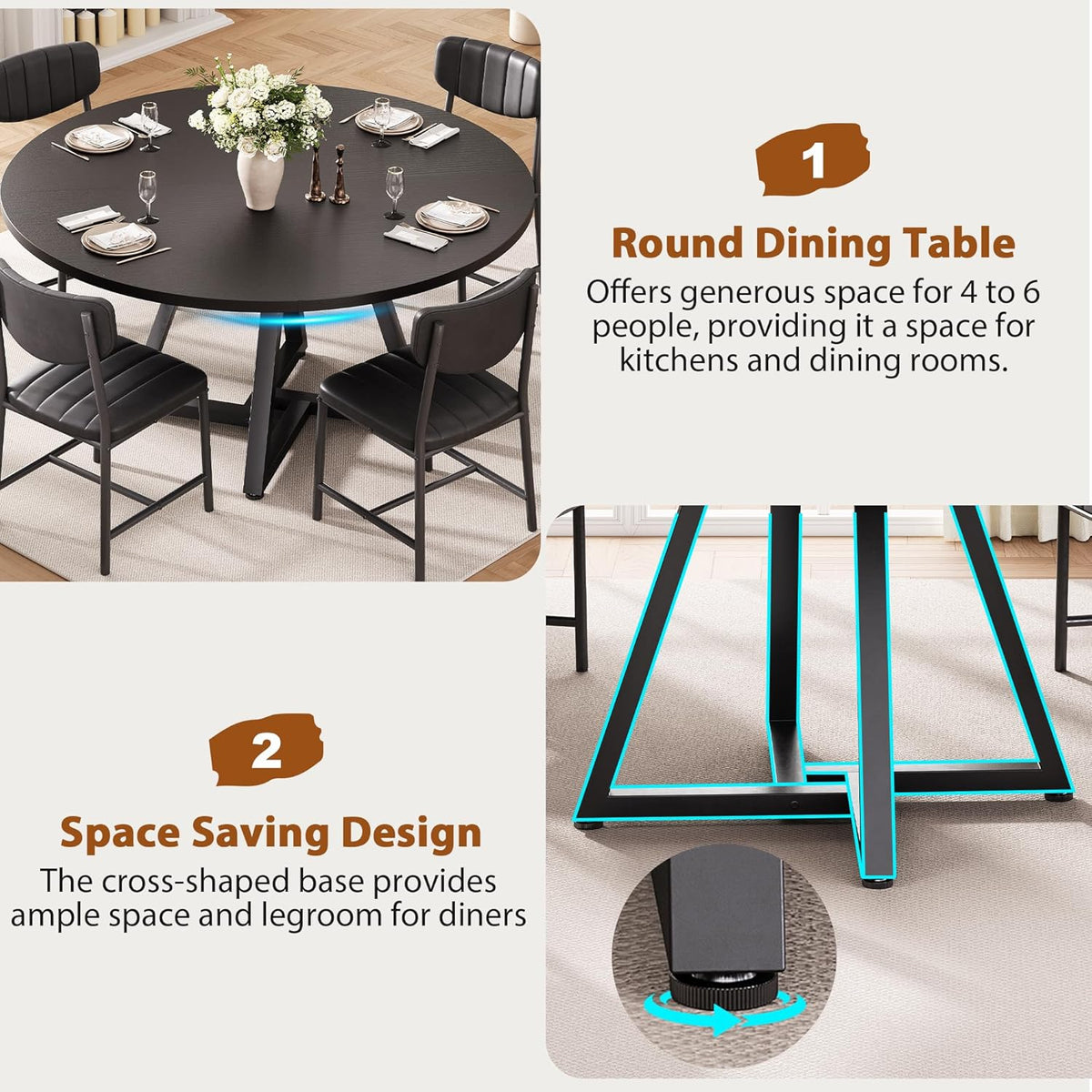 Jocoevol 51" Round Dining Table Kitchen Dining Room Circle Dinner Pedestal Table for 4 6 8, Space Saving Wood Kitchen & Dining Room Furniture (Black)