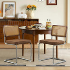 Rattan Dining Chairs Set of 6,Upholstered Mid-Century Modern Dining Room Chairs with Cane Backrest,Retro Linen Kitchen Chairs with Stainless Chrome Base,Brown