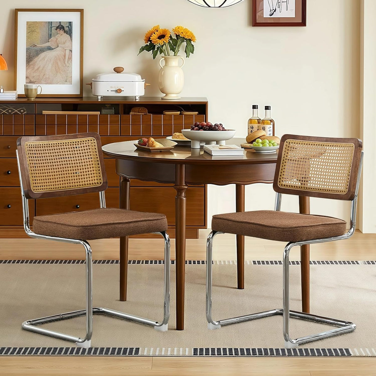Rattan Dining Chairs Set of 6,Upholstered Mid-Century Modern Dining Room Chairs with Cane Backrest,Retro Linen Kitchen Chairs with Stainless Chrome Base,Brown