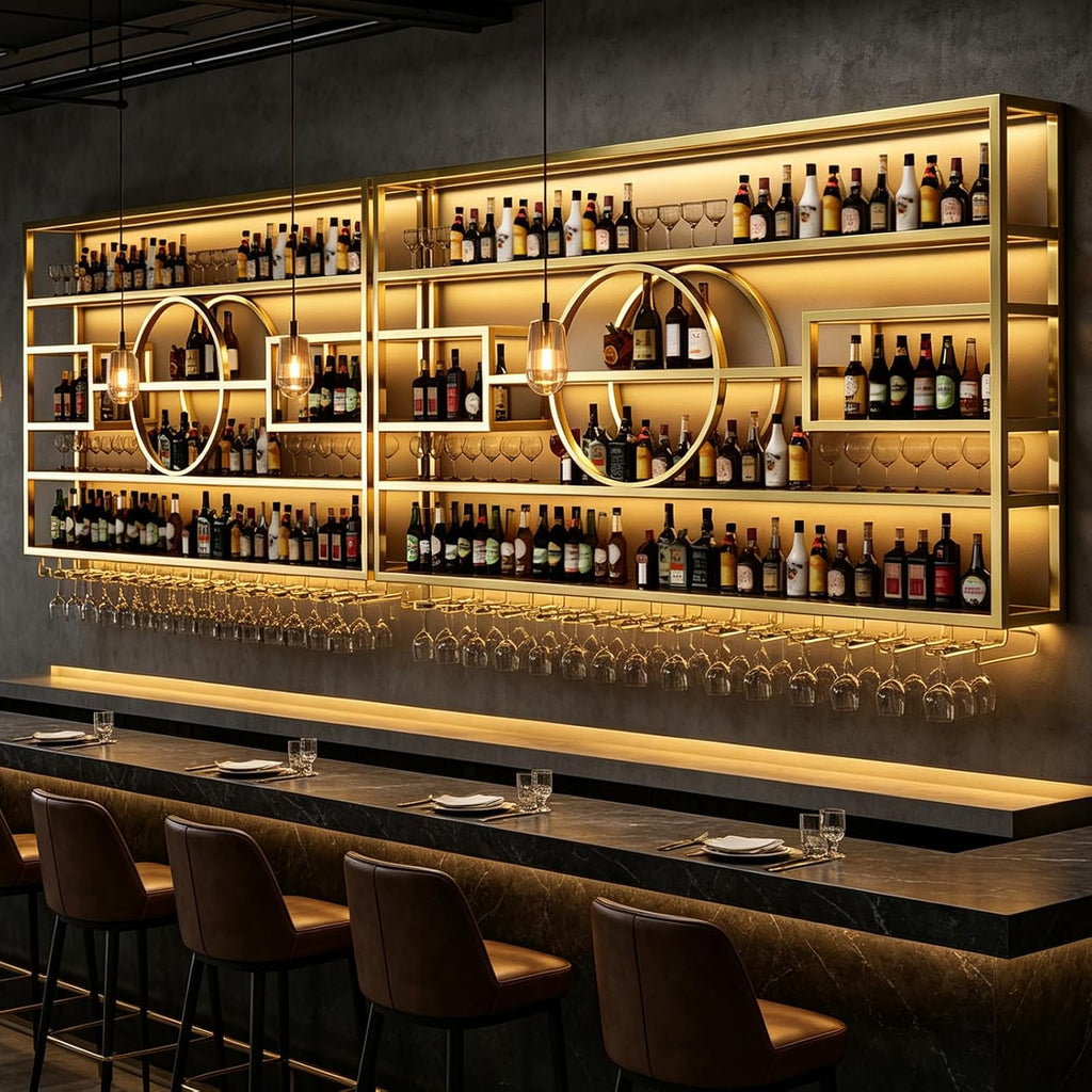 94.5in Wall Mounted Wine Rack, Black 4-Tier Large Capacity | Iorn Floating Shelf, Hanging Liquor Storage Display Shelf, Save Space with Glass Holder, for Bar Home Kitchen