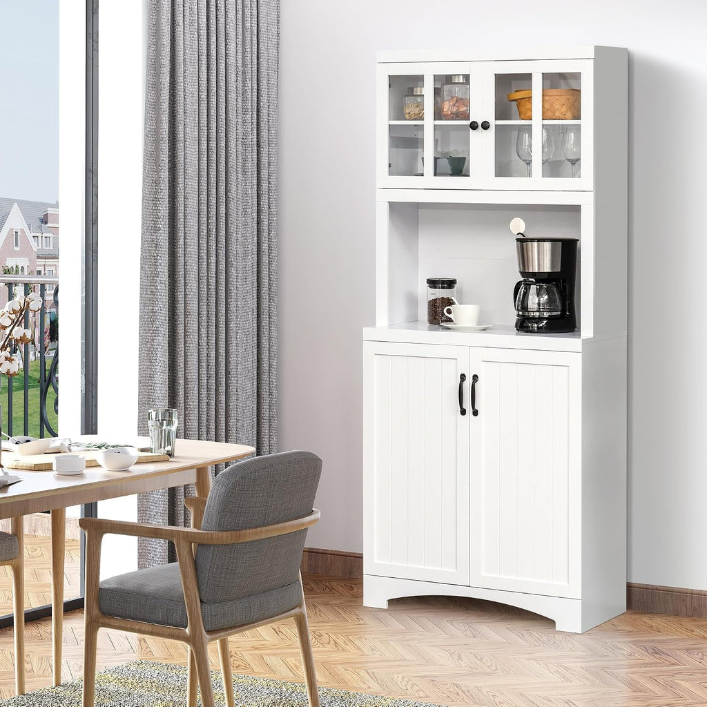 Kitchen Hutch, Pantry Cabinet with Glass Framed Door, Adjustable Shelves and Microwave Space for Dining Room, White
