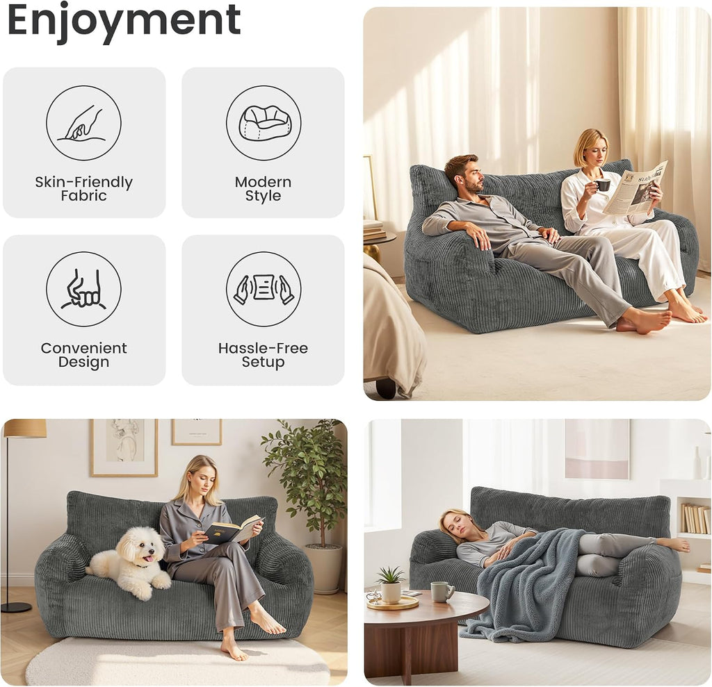 59" Corduroy Bean Bag Chair,2 Seat Loveseat Sofa,Corduroy Lazy Sofa Bed for Adults,Fit Living Room, Bedroom,Outdoor Spaces,Ultra Soft Dutch Velvet,Fluffy Comfort Cover,72h Rebound,Dark Grey