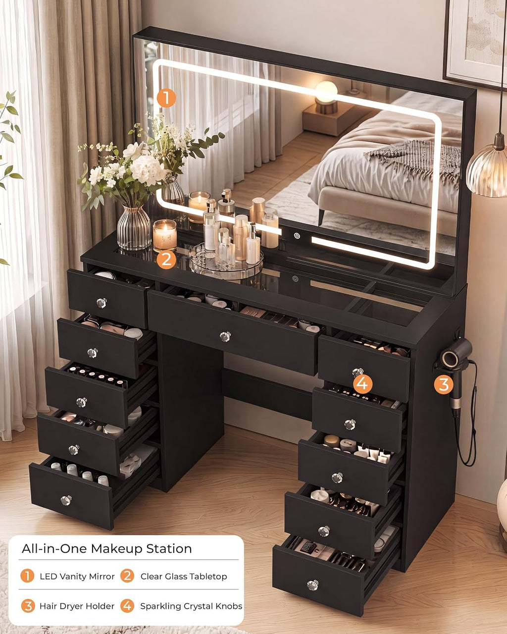 Otterease Black Makeup Vanity with Mirror and Lights,11 Drawers & Glass Top | Large Black Vanity Table with LED Lighted Mirror, Charging Station, Hair Dryer Holder for Bedroom