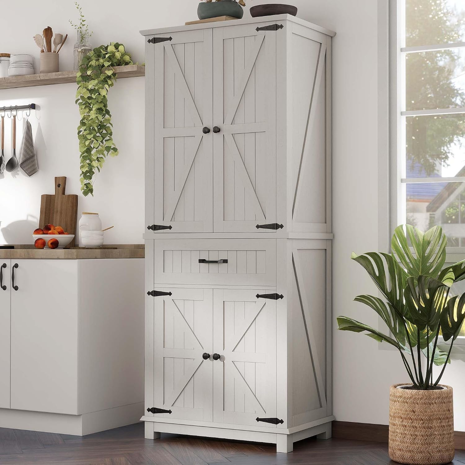 DWVO 72" Tall Farmhouse Pantry Cabinet, Kitchen Storage Pantry with Barn Doors & Drawer, Versatile Organizer with Adjustable Shelves, Rustic Cupboard for Dining Room, Living Room, White Oak | Tall Farmhouse Kitchen Pantry Cabinet, Kitchen Cupboard