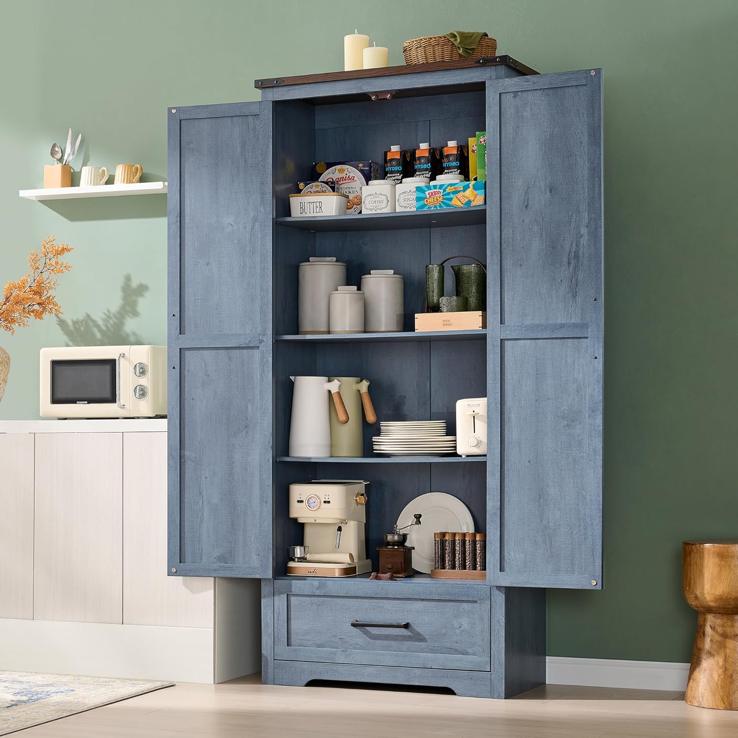 JXQTLINGMU Farmhouse Kitchen Pantry Cabinet - 72" Tall Wood Kitchen Storage Cabinets with Adjustable Shelves & 2 Barn Doors & Drawer, Versatile Storage for Dining Room, Bathroom, Rustic Blue