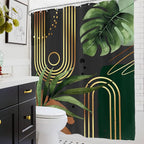 Glawry Dark Green Gold Boho Mid Century Shower Curtain Abstract Tropical Plant Minimalist Modern Geometric Palm Leaf Bathroom Simple 60Wx72L Inches Bath Accessories Art Home Decor Fabric 12 Pack Hooks