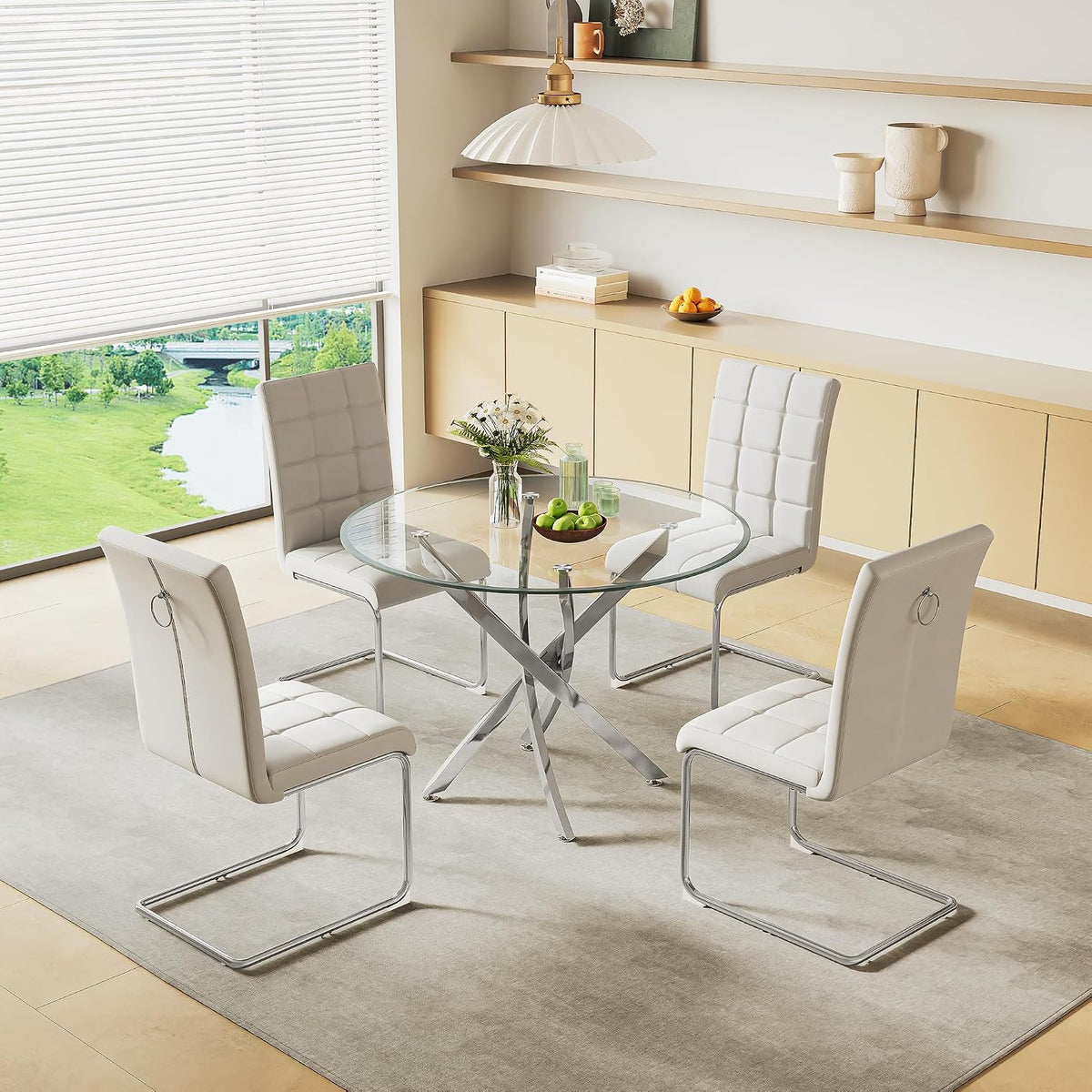 36 inch Round Glass Dining Table for 4 People,Modern Dining Room Table with Silver Stainless Steel Base,Dining Room/Apartment/Bistro Setting