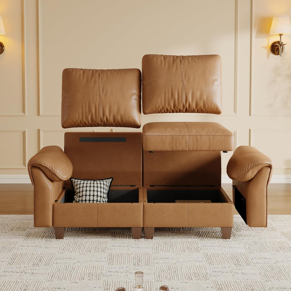 SITJOY Faux Leather Modular Sectional Sofa with Storage, Mid Century Modern Sectional Couches for Living Room, 11.8" Wide Armrests, 96" Wide 3 Seater L Shaped Couch with Chaise, Brown