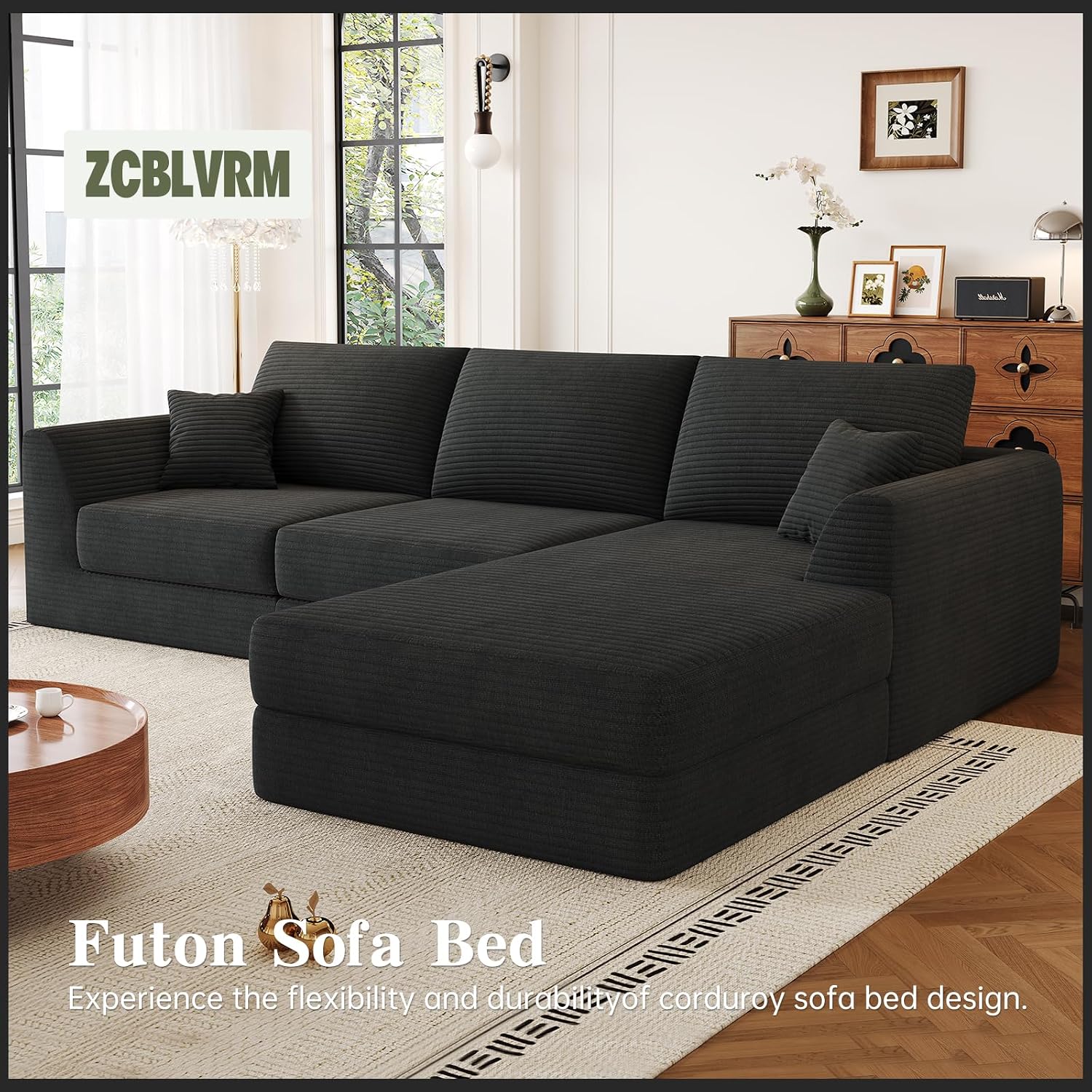 106" Modular Sectional Sofa with Deep Seat, L-Shaped Corduroy Couch with Reversible Chaise, 3-Piece Set for Living Room Bedroom Apartment, No Assembly Required
