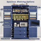 JIJIWANG 70.9" H Farmhouse Freestanding Kitchen Pantry Storage Cabinet with Drawers and Shelves, Buffet with 8 Pull-Out Trays and 4 Doors Blue