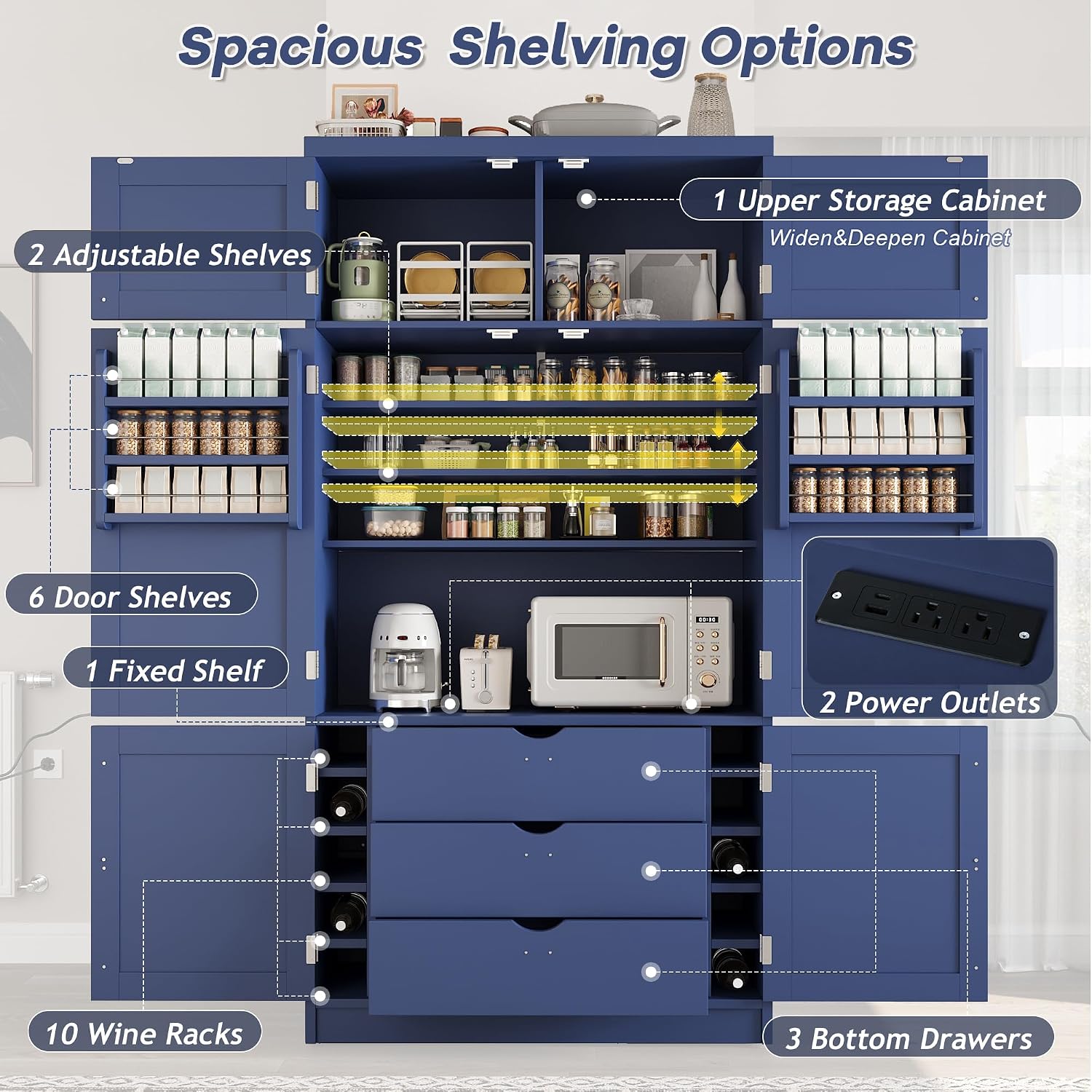 JIJIWANG 70.9" H Farmhouse Freestanding Kitchen Pantry Storage Cabinet with Drawers and Shelves, Buffet with 8 Pull-Out Trays and 4 Doors Blue