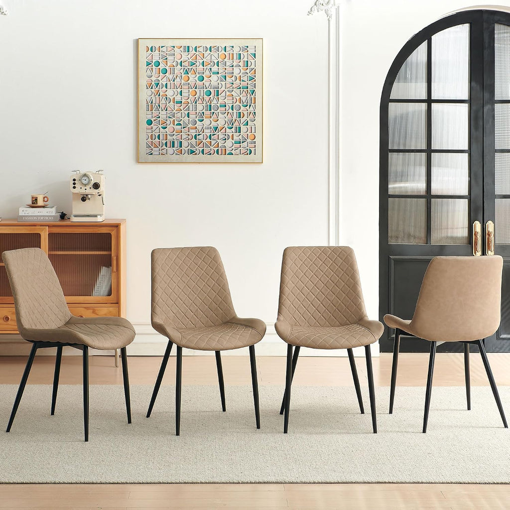 Dining Chairs Set of 4, Modern Upholstered Faux Leather Dining Room Chairs with Diamond Quilted Cushion, Sturdy Metal Legs, Easy Assembly (4 Chairs, Beige)