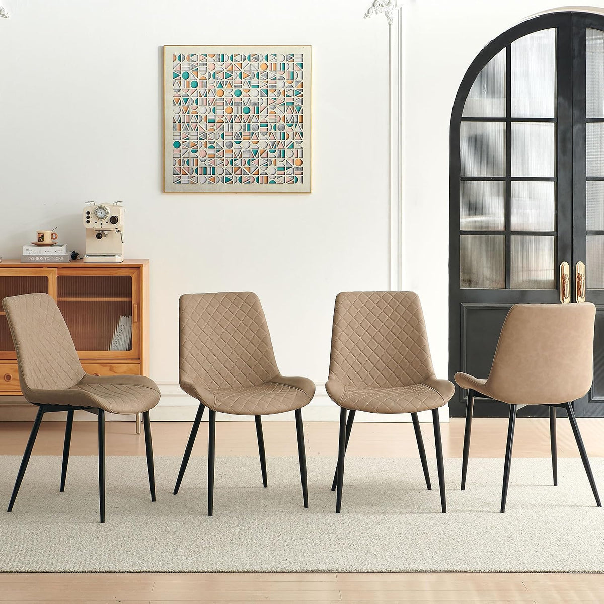 Dining Chairs Set of 4, Modern Upholstered Faux Leather Dining Room Chairs with Diamond Quilted Cushion, Sturdy Metal Legs, Easy Assembly (4 Chairs, Beige)