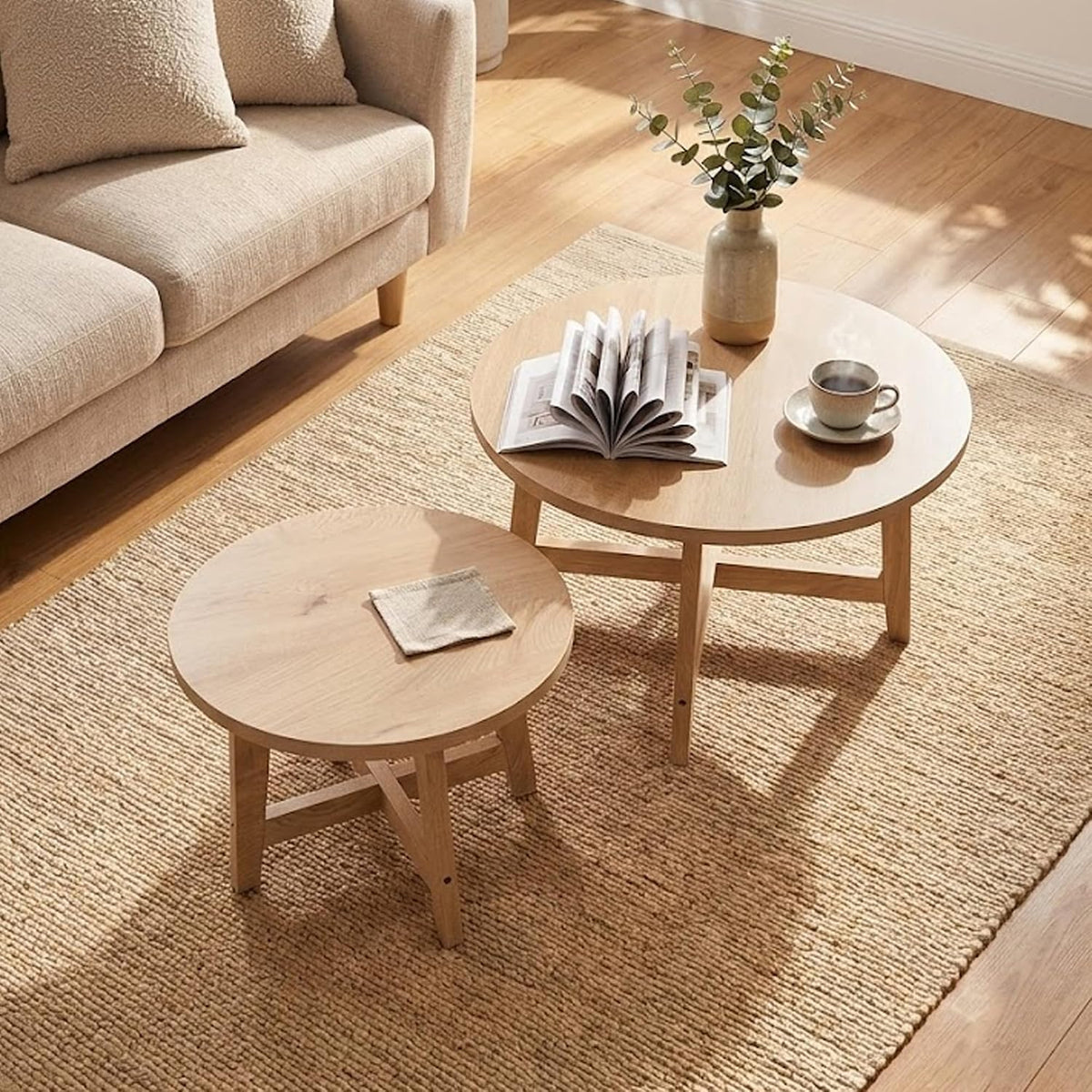 Round Nesting Coffee Tables, Set of 2, Natural Wood Finish Modern Side Tables with X-Shaped Frame, Stackable End Tables for Living Room, Bedroom