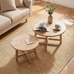 Set of 2 Round Nesting Coffee Tables, Natural Wood Finish Modern Side Tables, X-Shaped Frame Stackable End Tables for Living Room, Bedroom, Balcony 27.56&19.69
