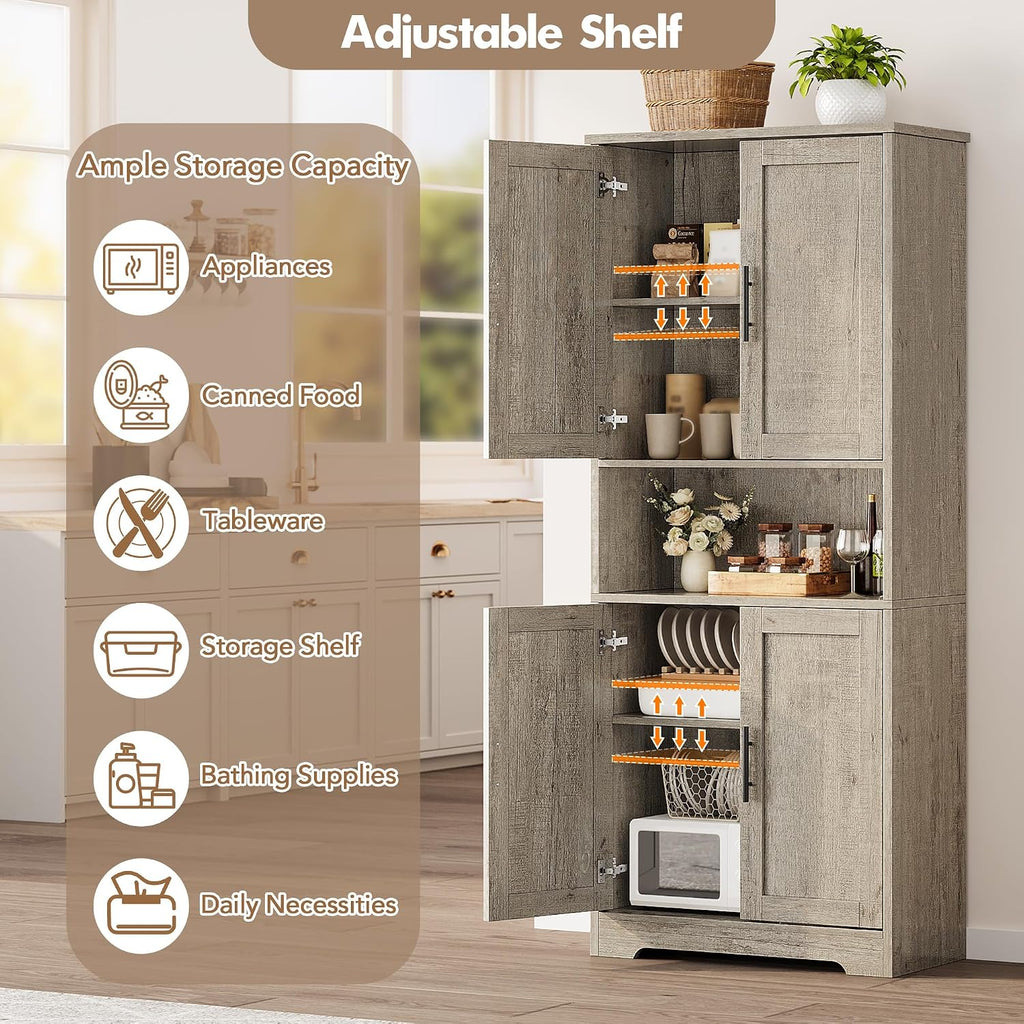 GarveeHome Tall Storage Cabinet, 70 in Kitchen Pantry Cabinet with Doors and Adjustable Shelves, Rustic Wooden Cupboard for Dining Room, Living Room,Gray