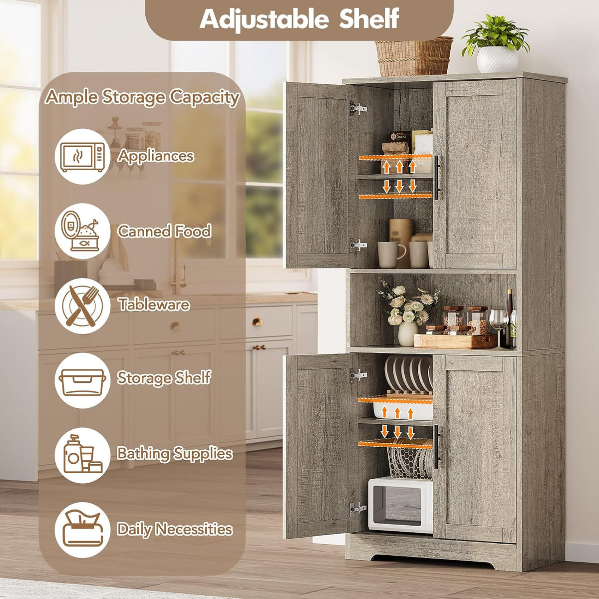 GarveeHome Tall Storage Cabinet, 70 in Kitchen Pantry Cabinet with Doors and Adjustable Shelves, Rustic Wooden Cupboard for Dining Room, Living Room,Gray