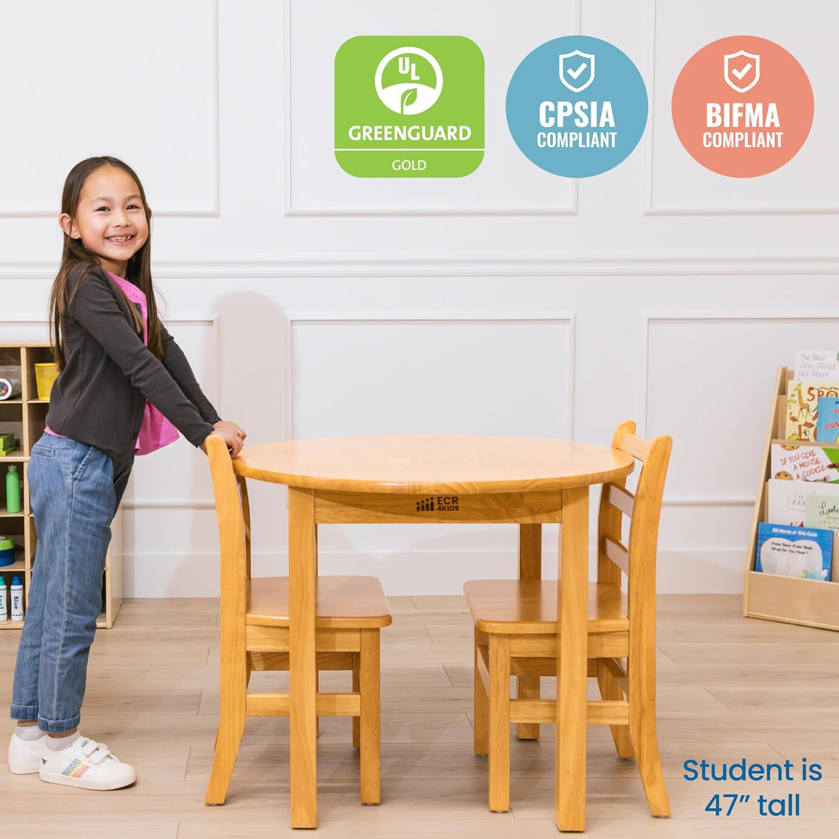 ECR4Kids 30in D Round Hardwood Table with 24in Legs and Two 14in Chairs, Kids Furniture, Honey, 3-Piece | Durable rubberwood, GREENGUARD Gold Certified, ANSI/BIFMA Compliant, 6-8 years, 200 lb seat capacity, classroom & home use