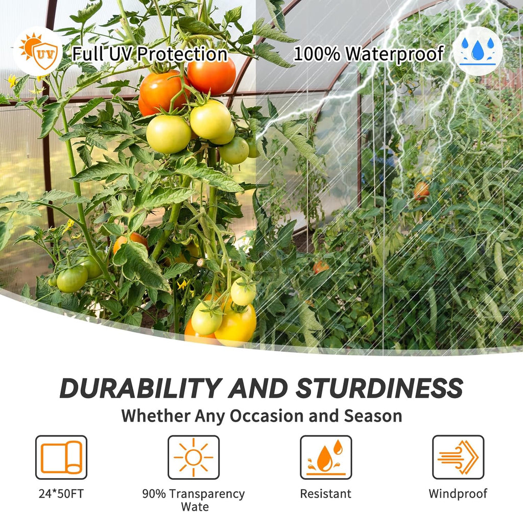 24x50 FT Clear Greenhouse Film Plastic Sheeting, Greenhouse Polyethylene Plastic Film 6 mil Thickness Replacement Cover, UV Resistant, Plant Covers Freeze Protection for Windproof Frost& Dust Proof