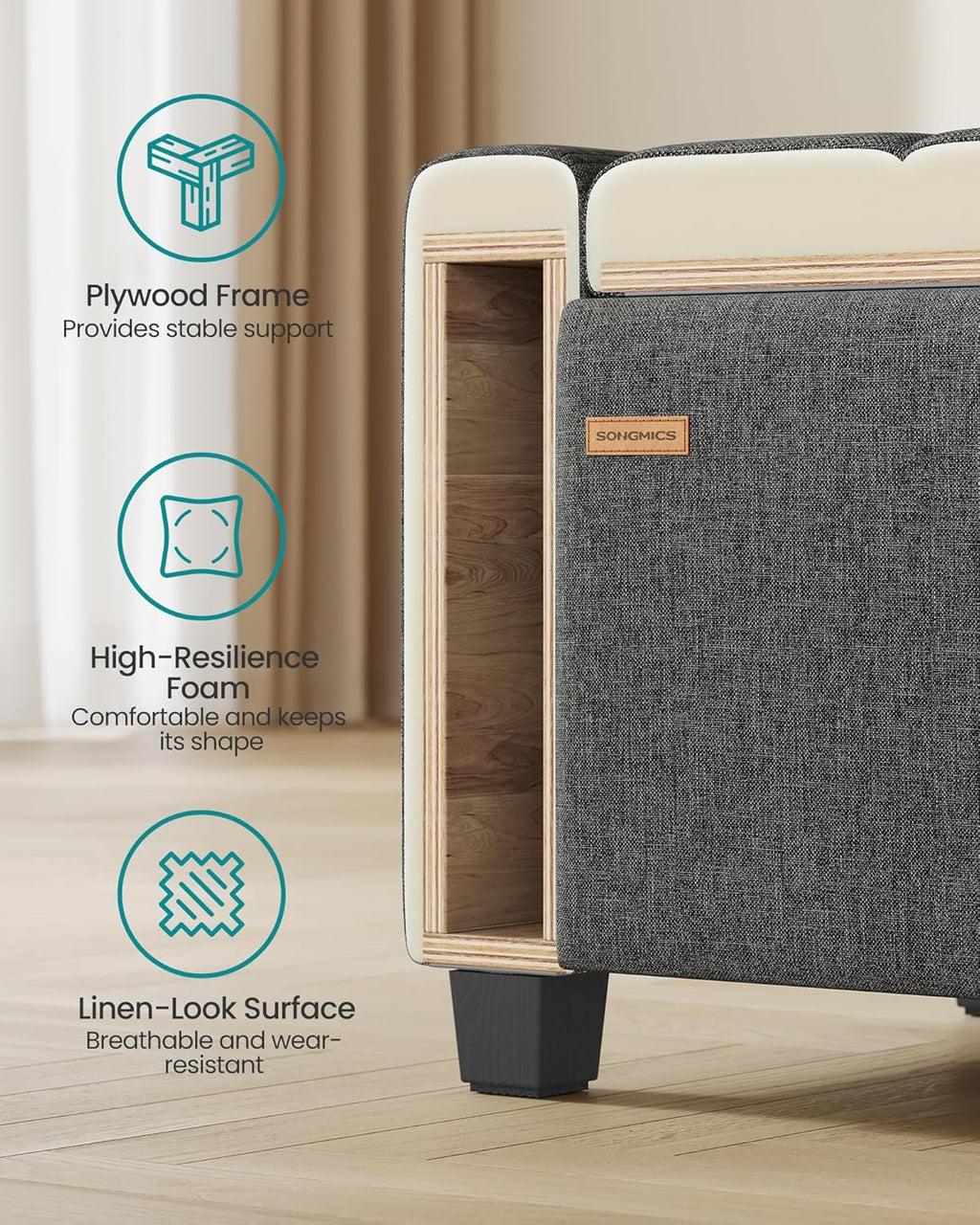 SONGMICS Storage Ottoman,ULOM511GN01 | Buttons Decoration, Non-Slip Foot Pads, 661.4 lb Load Capacity, Slate Gray, MACEO Collection ULOM511GN01