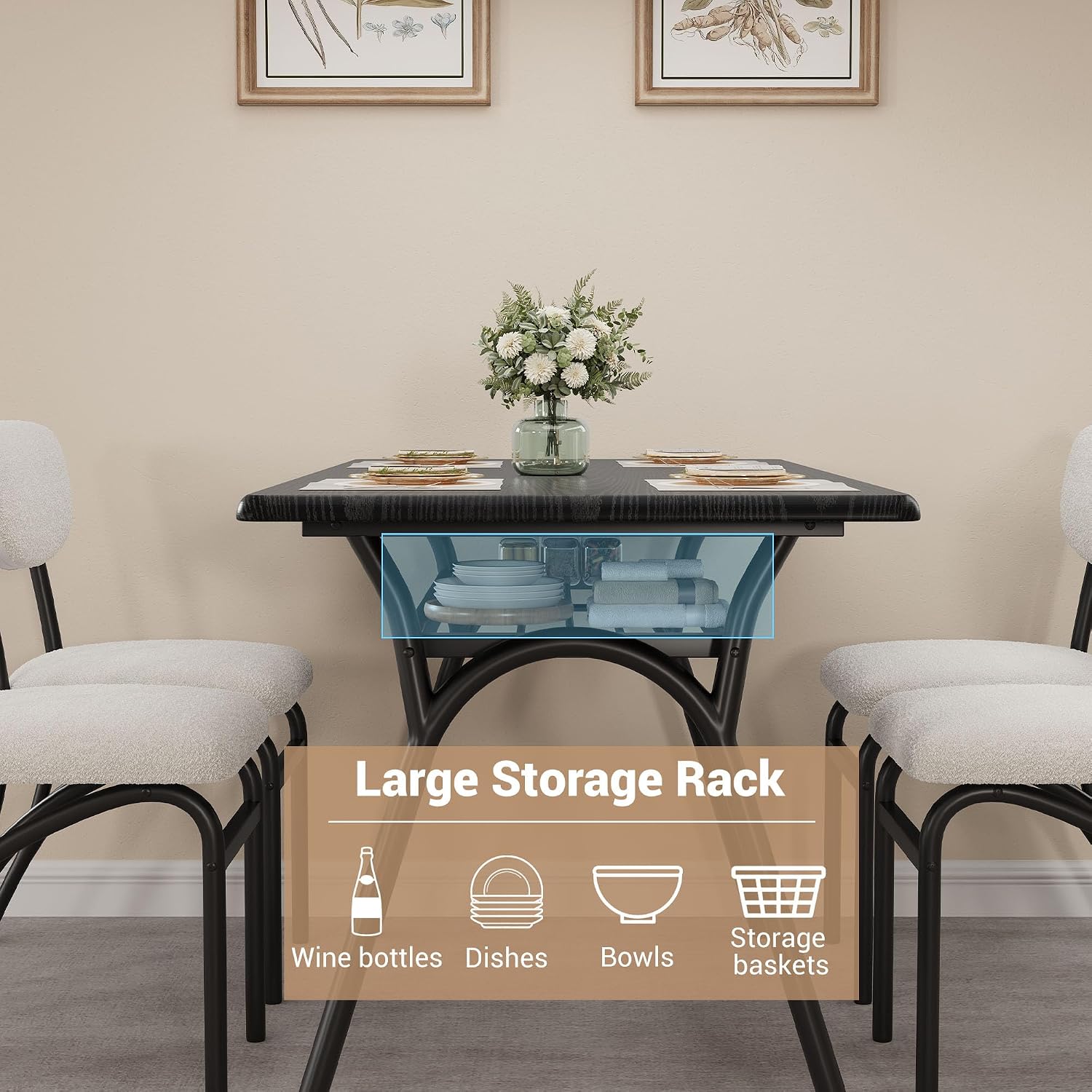 GarveeHome 5-Piece Dining Table Set for 4, Modern Kitchen Table with 4 Boucle Chairs, Rectangular Dining Table with Storage Shelf & Marble Tabletop, Home Dining Furniture for Small Space, Beige+Black