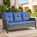 Belord Patio Sofa Luxury PE Wicker 3-Seater Outdoor Couch, Modern All-Weather High Back Deep Seat Woven Furniture Set for Porch, Deck, Balcony, Backyard - Grey/Blue