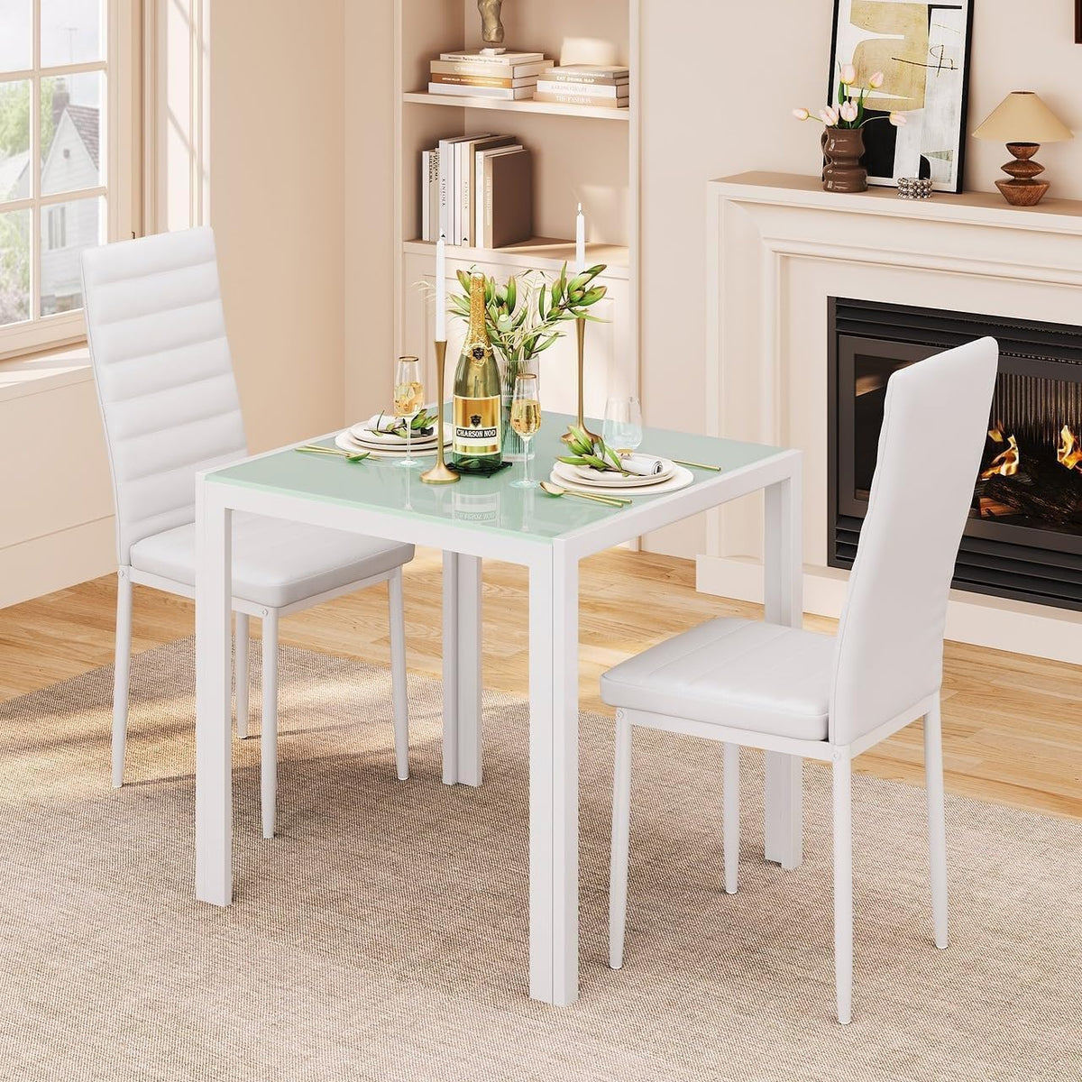 Gizoon 3 Piece Glass Dining Table Set, Kitchen Table and Chairs Set for 2 | PU Leather Modern Room Sets,Small Dining Table Sets,Space Saving Table and Chairs Set for Home, Kitchen,Living Room, White