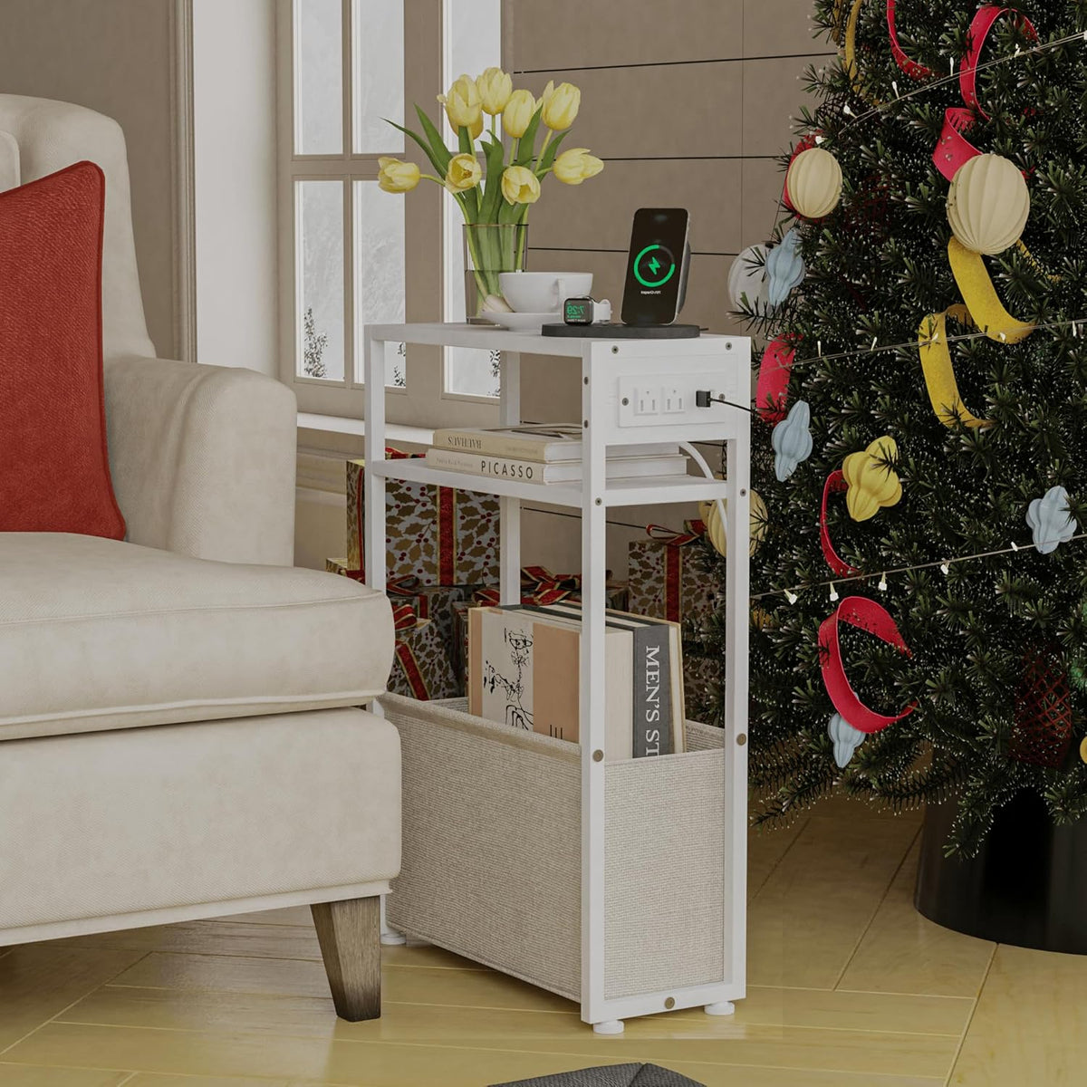 Leomonio White Side Table with Charging Station, Slim End Tables with Linen Basket, Skinny Table for Small Spaces, Thin Bedside Table for Living Room, Bedroom