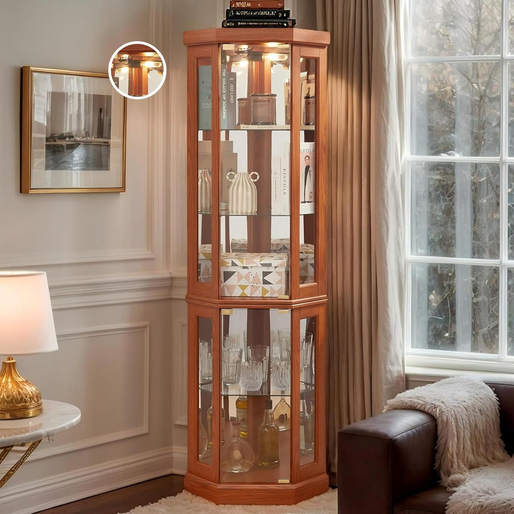 70" Lighted Corner Curio Cabinet, Wood China Display Case with Tempered Glass Doors & Adjustable Shelves, Light Bulb Included, Tall Wine Storage Rack for Bar and Liquor Storage (Dark Oak)