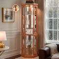 70" Lighted Corner Curio Cabinet, Wood China Display Case with Tempered Glass Doors & Adjustable Shelves, Light Bulb Included, Tall Wine Storage Rack for Bar and Liquor Storage (Dark Oak)
