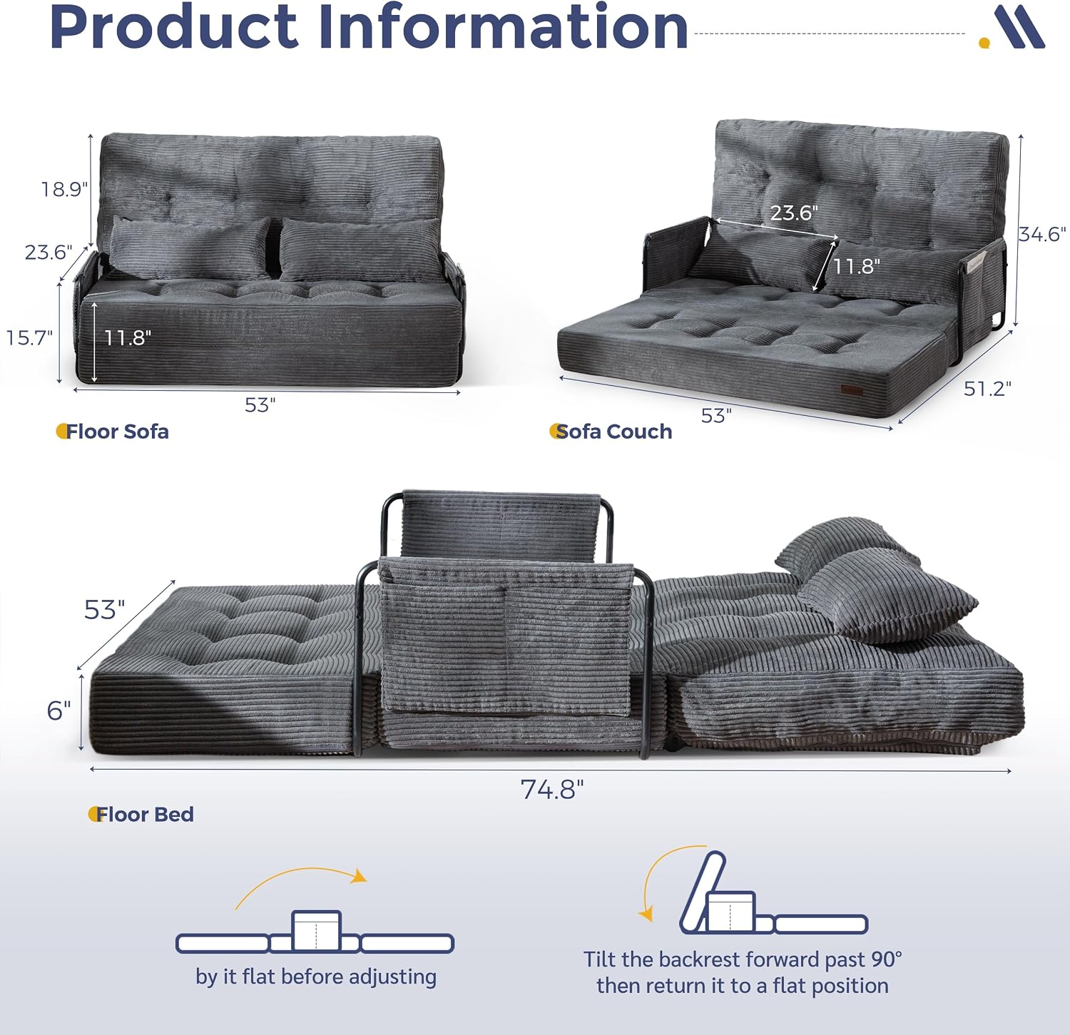 MAXYOYO Adjustable Folding Sofa Bed Couch with 2 Pillows, Dark Grey | Multi-Functional Bean Bag Bed, 5-Position Foldable Lazy Floor Sofa Bed with Armrest, Versatile Floor Seating for Reading