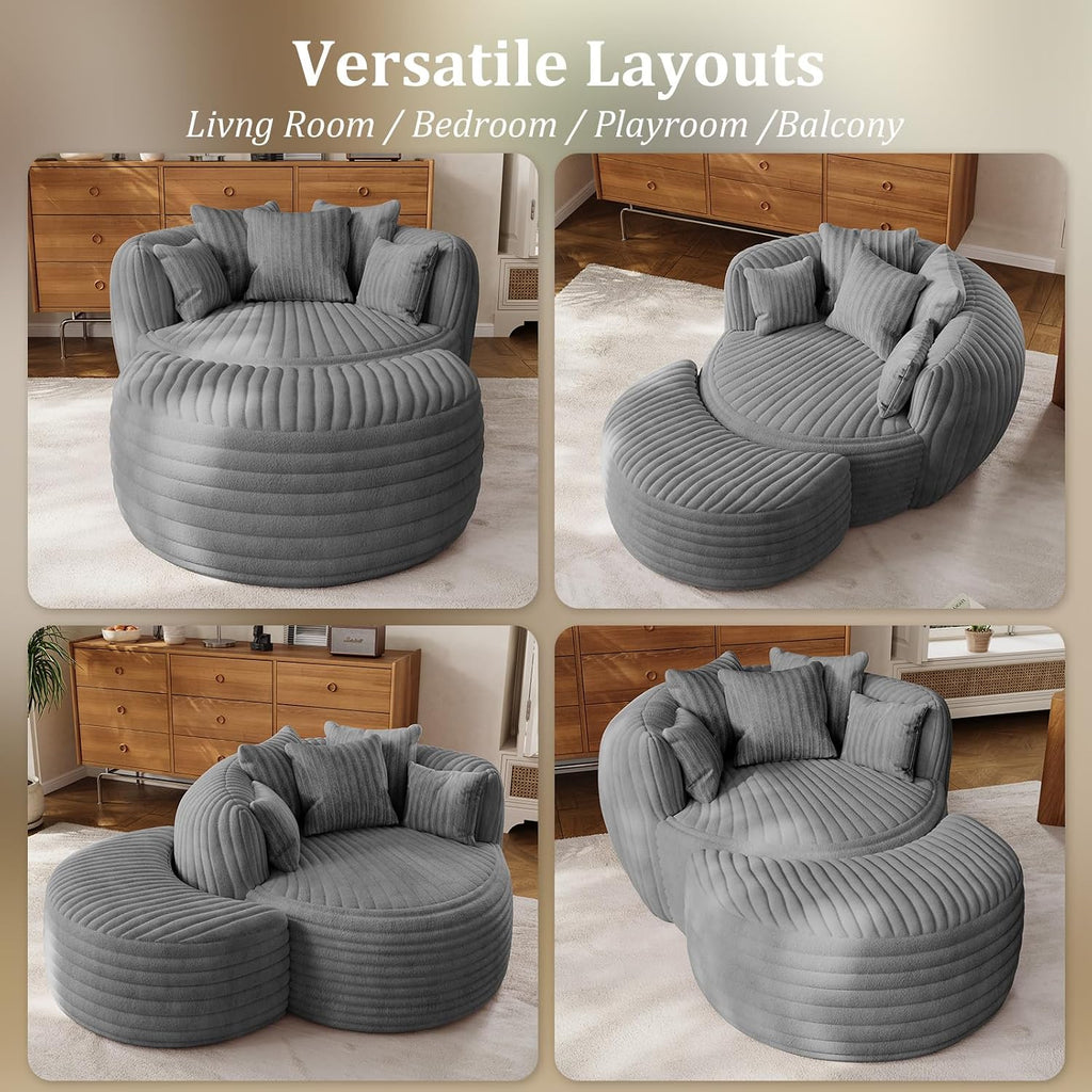 ONEMMLION 50" Oversized Round Chaise Lounge with Ottoman, Corduroy, Grey | Deep Seating Chair, Plush Corduroy and Matching Ottoman Create Cloud-like Comfort for Reading, Lounging and Relaxing