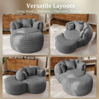 ONEMMLION 50" Oversized Round Chaise Lounge with Ottoman, Corduroy, Grey | Deep Seating Chair, Plush Corduroy and Matching Ottoman Create Cloud-like Comfort for Reading, Lounging and Relaxing