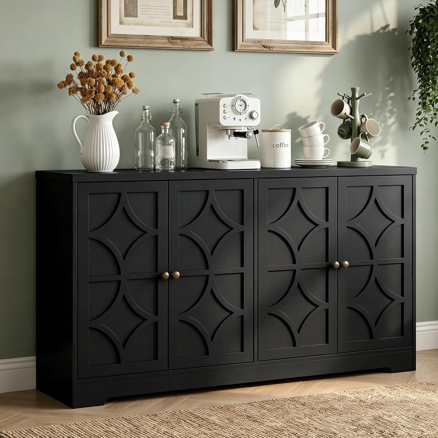 RoyalCraft Sideboard Buffet Cabinet with Storage, 56" Modern Sideboard with 4 Carved Doors, Large Wood Coffee Bar Console Table for Kitchen, Dining Room, Entryway, Living Room, Black