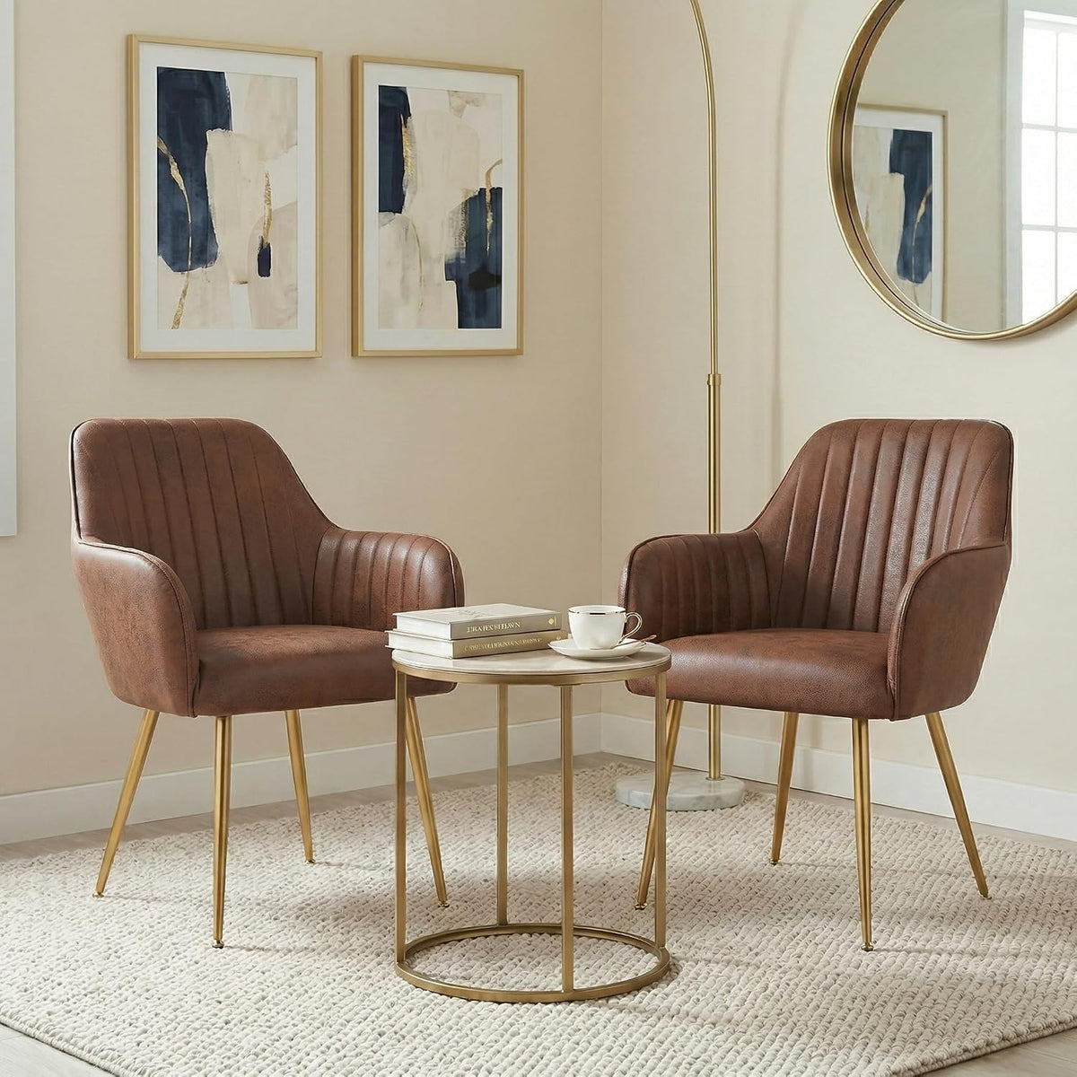 Set of 4 Dinning Chairs, Upholstered Accent Chairs with Black Finished Metal Plating Legs for Living Room Chairs, Brown