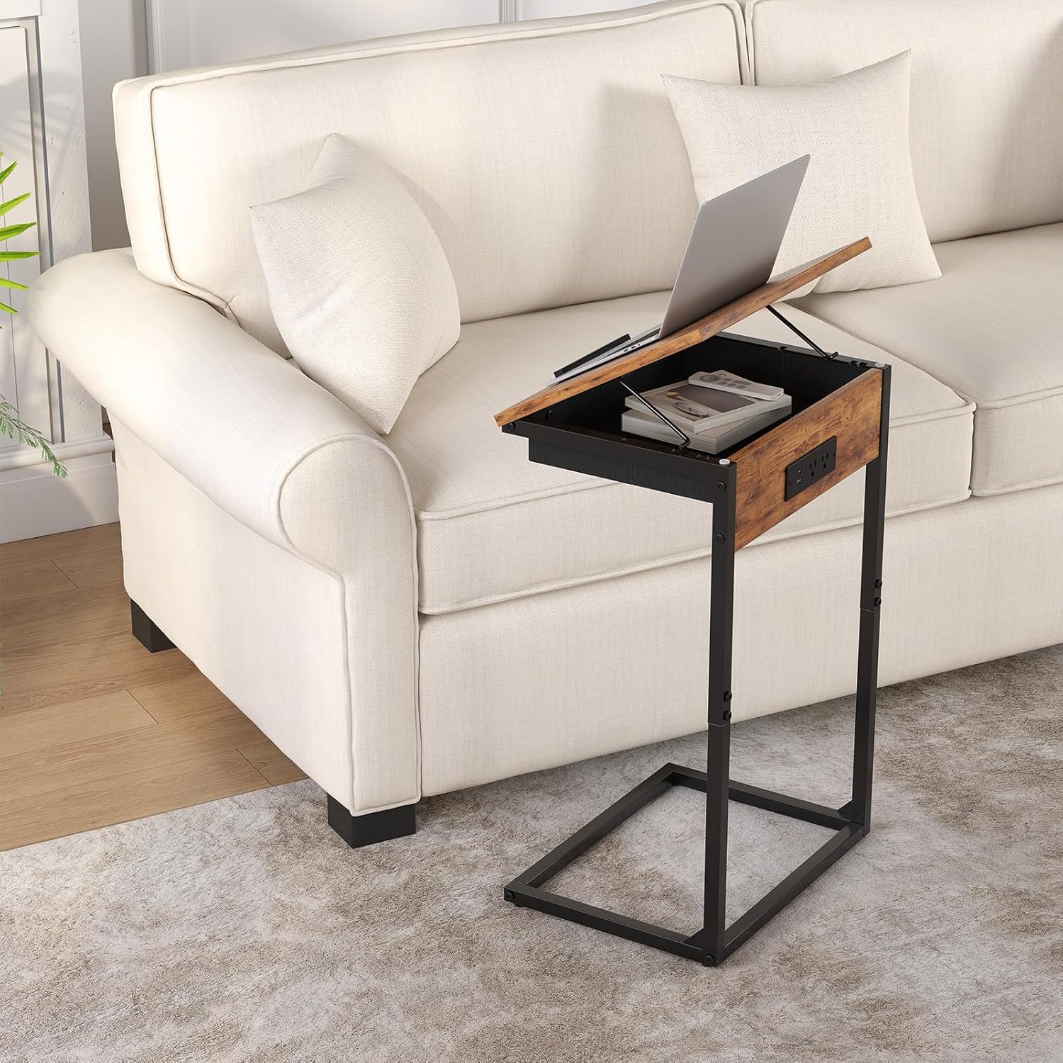 sthmec C Shaped End Table with Charging Station,45° Tiltable Adjustable Flip Top Side Table Set of 2,Small C Table Set 2 for Small Spaces,Slide Under Couch Sofa Bedside Table Living Room,Rustic Brown
