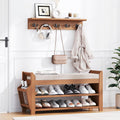 PETKABOO 31.5" Shoe Bench with Coat Rack Hidden Drawer and Side Holder, 2 Tier Entryway Bench with Storage 39.4 in, Bamboo Shoe Rack with Cushion for Entryway Hallway Living Room Bedroom