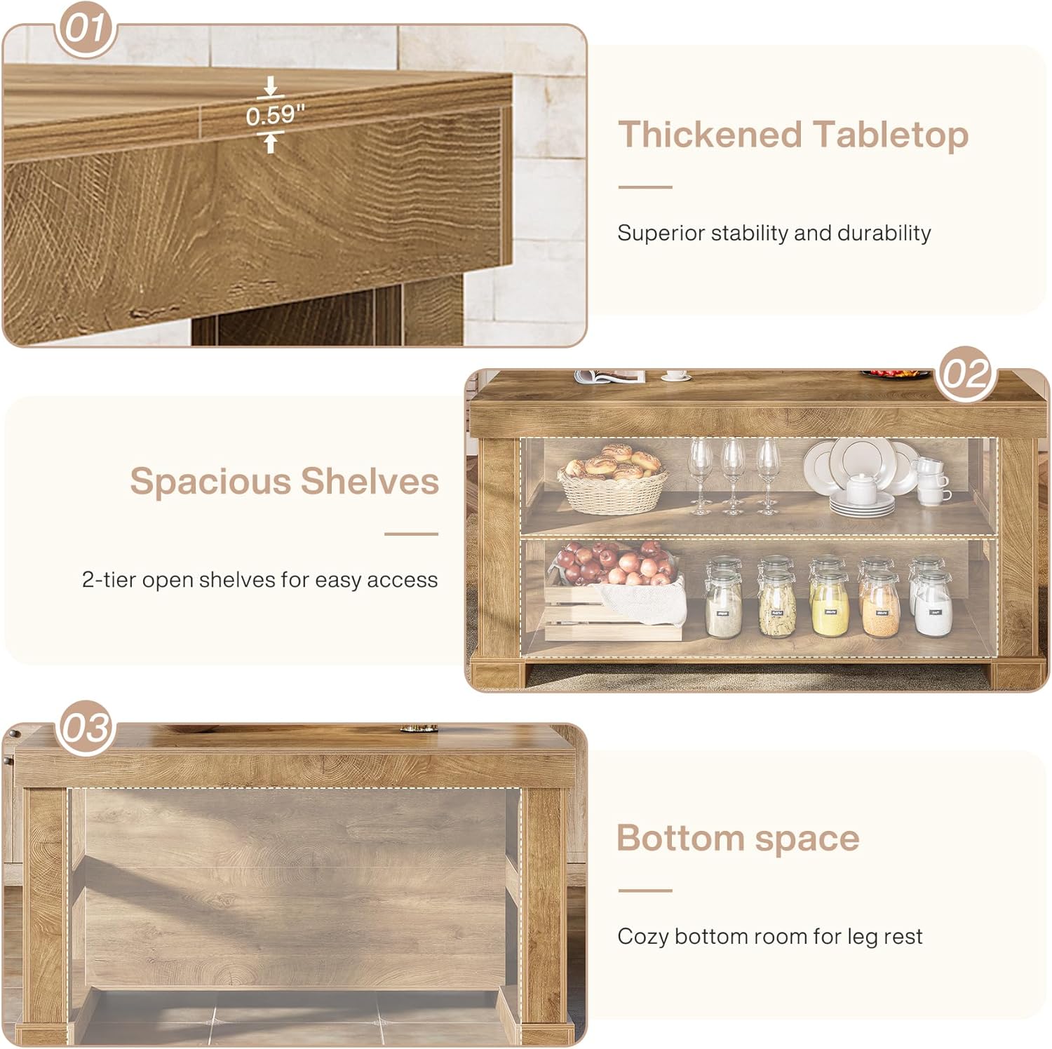 Tribesigns 55" Kitchen Island with Seating and Storage, 3-Tier Farmhouse Wood Stationary Island Table with Large Worktop & Leg Room, Coffee Bar Table with Storage Shelves for Kitchen, Natural Brown