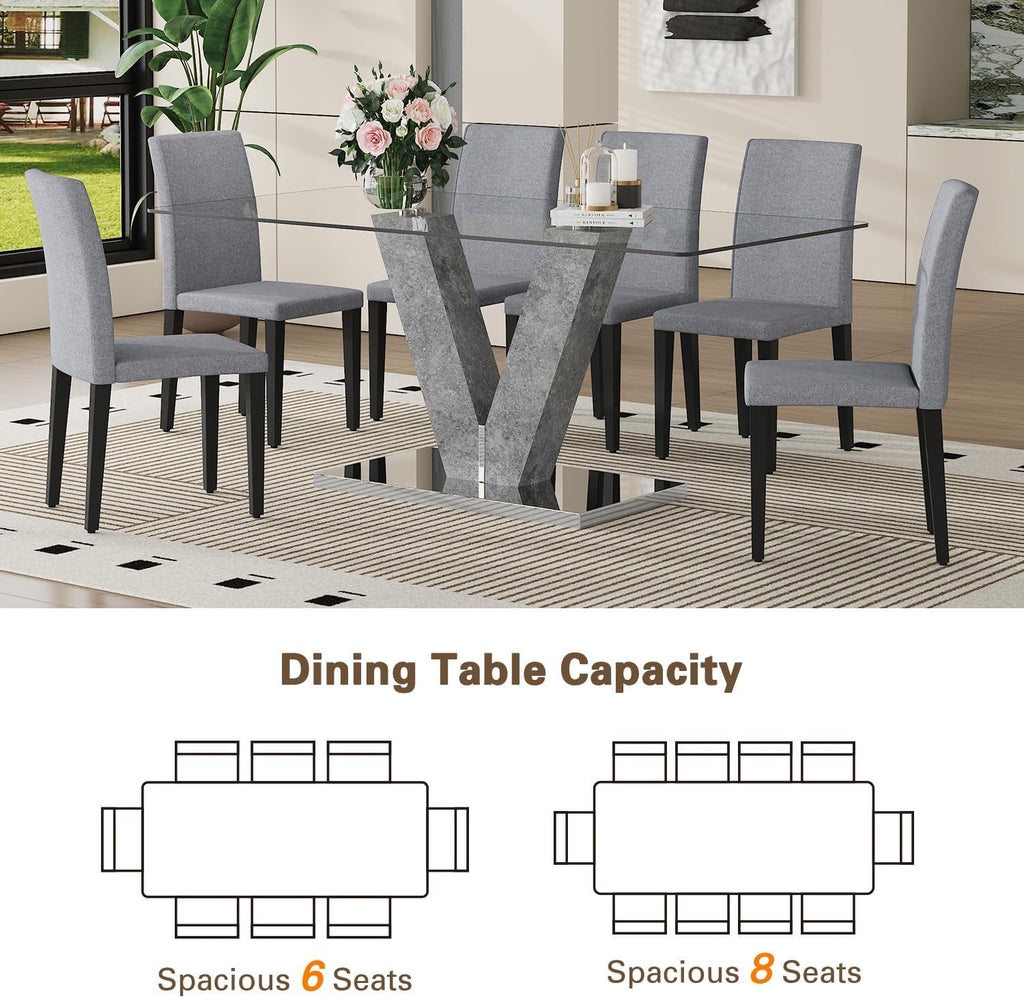71" Glass Dining Table Set for 6, 7-Piece Glass Dining Table Set with Chairs & Rounded-Corner Tempered Glasss Tabletop, Kitchen Table Set for 6 Ideal for Kitchen Dining Room